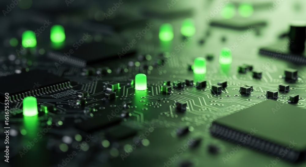 Fototapeta premium Sharp detail of a modern circuit board with glowing nodes and tiny electronic parts in focus.