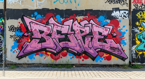 Vibrant pink graffiti art explodes with color on urban concrete wall