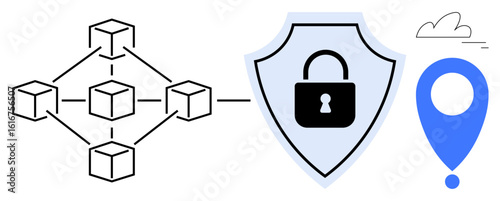 Blockchain network diagram, secured shield with lock icon, and geolocation pin suggesting data encryption and location-based technology. Ideal for security, blockchain, geolocation, networking