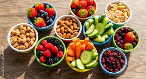 Vibrant healthy snacks including berries, nuts, and vegetables in colorful bowls