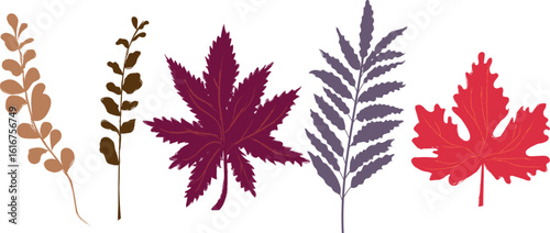 Handdrawn Retro Leaves with Pencil Texture and Grunge Overlay in warm Autumn Palette, perfect for Thanksgiving and Fall Decor. Vector illustration