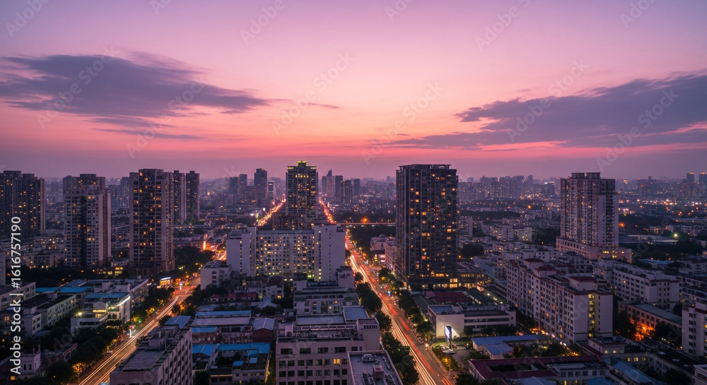 Fototapeta premium Vibrant city skyline glows at twilight with streaks of light from traffic below