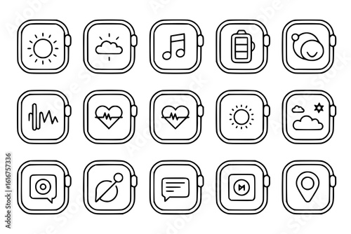 Smartwatch App Icons: A set of 15 monochrome line art illustrations depicting various smartwatch app icons, including weather, music, health, and location.