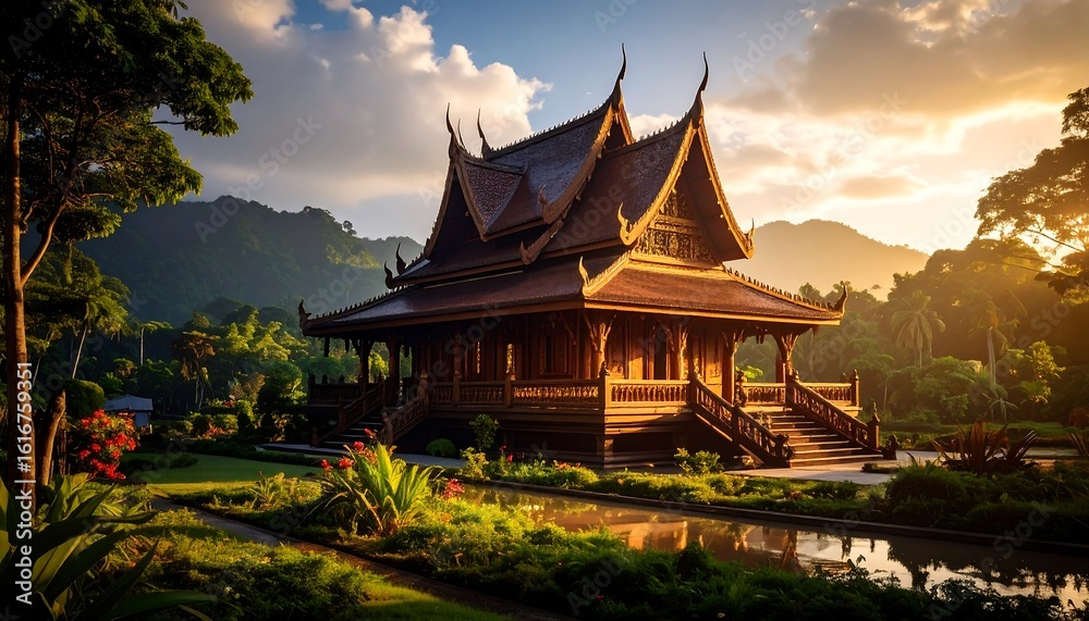 Fototapeta premium Wooden temple at sunset in a lush garden