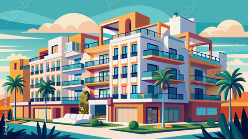 Geometric building background. Architectural detail of a geometrically designed apartment block in Valdelagrana, El Puerto de Santa Maria, Cadiz, Spain. Modern flats. Contemporary architecture