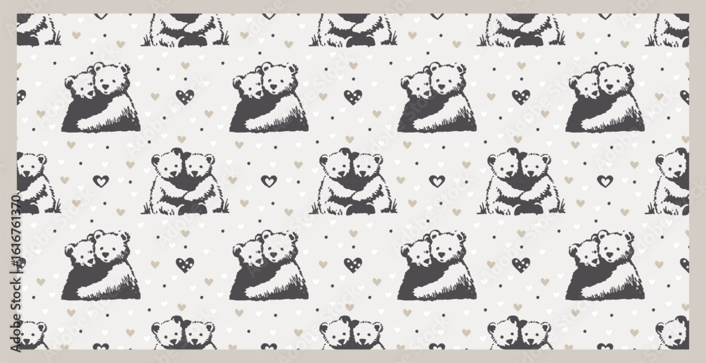 Φωτογραφία Cute Hugging Bears and Hearts Seamless Pattern - Hand-Drawn Animal Nursery Vecto