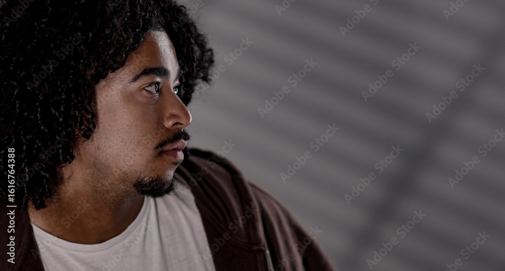 Εκτύπωση καμβά Close up profile portrait of a serious young african-american man with curly hai