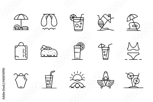 Summer Vacation Line Art Icons: A collection of simple, black and white line art illustrations depicting various summer vacation essentials, including beach umbrellas, drinks, swimwear, and more.