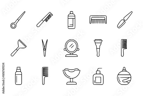 Hair Salon Tools: A set of line art icons depicts various hairdressing tools, including combs, brushes, bottles, and more, in a simple, monochrome style.
