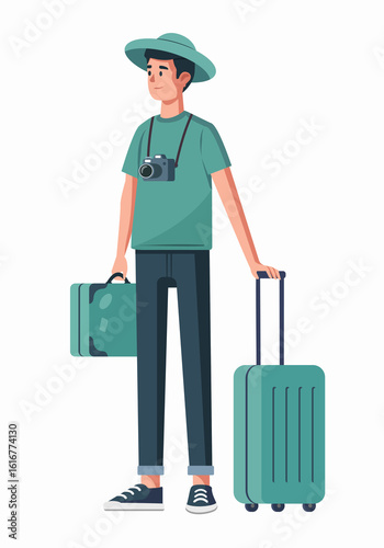 A tourist with a suitcase. Colored flat illustration. White background.