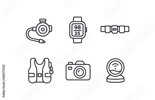 straight perfect stroke icon mono icons style isolated immersion scuba regulator immersion dive computer immersion ballast control immersion buoyancy vest immersion underwater camera