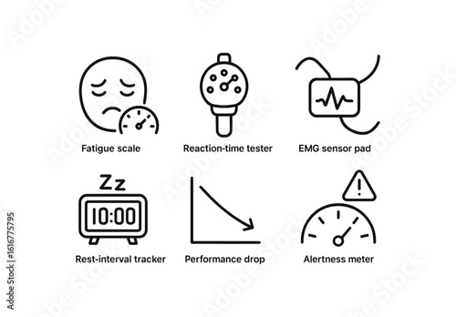 straight perfect stroke icon mono icons style isolated fatigue sleepiness scale fatigue reaction time tester fatigue EMG sensor pad fatigue rest interval tracker fatigue performance drop