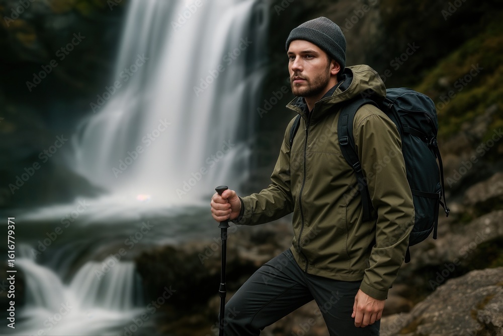 Obraz premium Hiker Standing Near Silky Waterfall in Forest Wearing Green Jacket and Beanie with Backpack and Hiking Stick in Tranquil Outdoor Scene