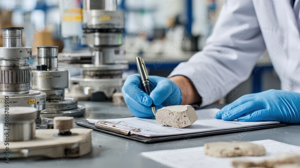 Fototapeta premium Hands of materials engineer documenting data while inspecting fractured ceramic piece surrounded by lab instruments designed for strength analysis and validation.