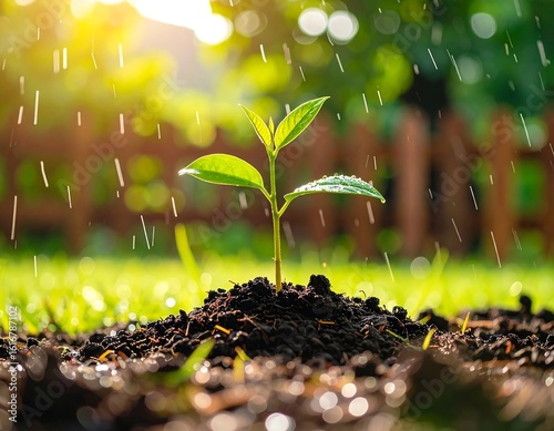 Young plant sprouting from soil in rain