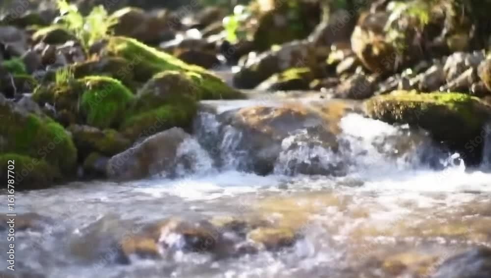 Flowing Serenity: A crystal-clear river cascades over moss-covered rocks, capturing the serene beauty of nature's purest form, reflecting a sense of tranquility. Flowing Serenity: A crystal-clear river cascades over moss-covered rocks, capturing the serene beauty of nature's purest form, reflecting a sense of tranquility.