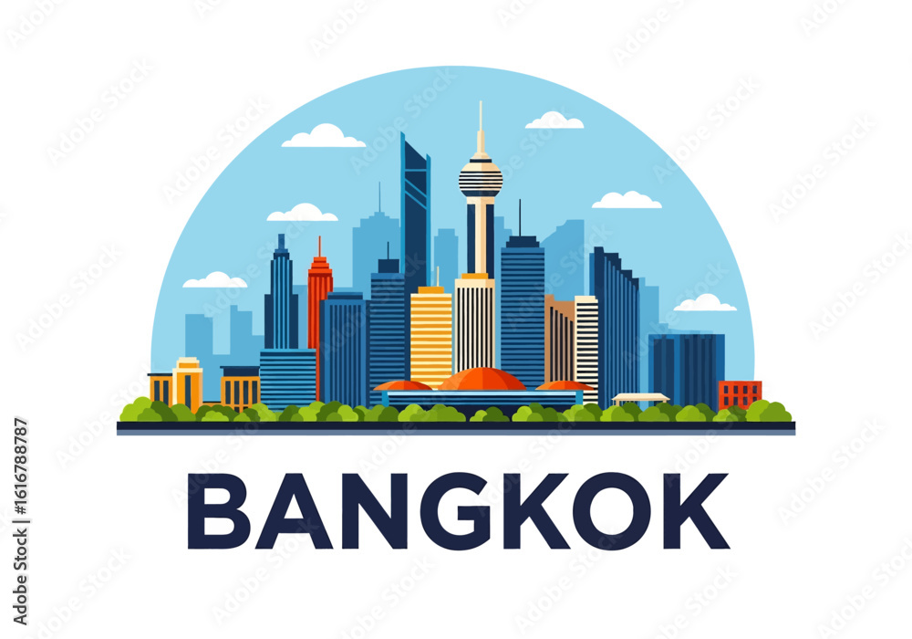 Naklejka premium flat style picturesque illustration of Bangkok cityscape showcasing ornate temples and modern skyscrapers against a bright, slightly cloudy sky. Perfect for Thailand travel and cultural themes