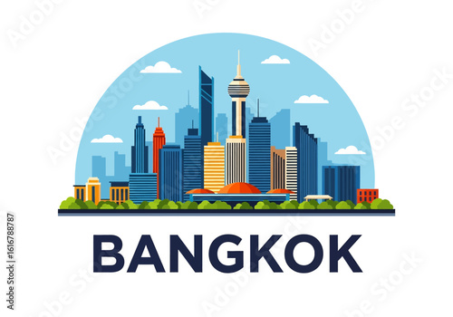 flat style picturesque illustration of Bangkok cityscape showcasing ornate temples and modern skyscrapers against a bright, slightly cloudy sky. Perfect for Thailand travel and cultural themes