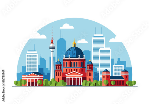 flat style picturesque illustration of Berlin cityscape showcasing the TV Tower and Brandenburg Gate against a bright, slightly cloudy sky. Perfect for Germany travel and cultural themes