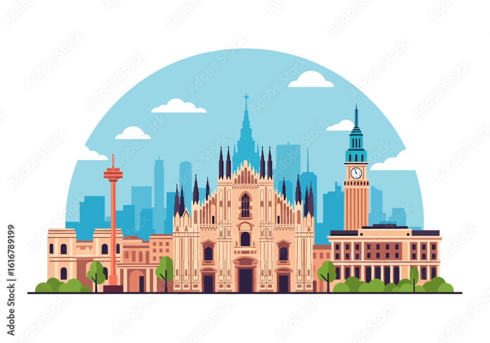 Obraz premium flat style picturesque illustration of Milan cityscape showcasing the Duomo and historic buildings against a bright, slightly cloudy sky. Perfect for Italy travel and cultural themes