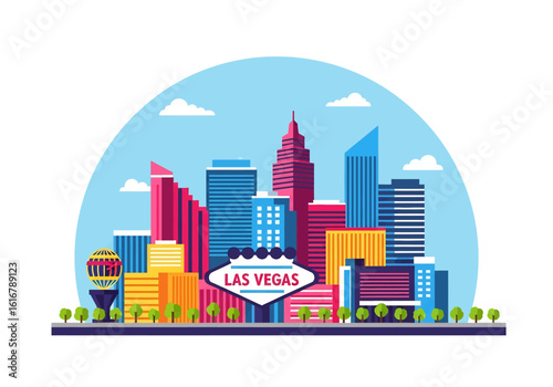 flat style picturesque illustration of Las Vegas cityscape showcasing vibrant hotels and casinos against a bright, slightly cloudy sky. Perfect for Nevada travel and entertainment themes