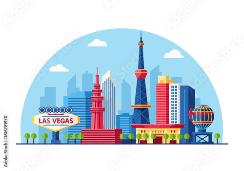flat style picturesque illustration of Las Vegas cityscape showcasing vibrant hotels and casinos against a bright, slightly cloudy sky. Perfect for Nevada travel and entertainment themes