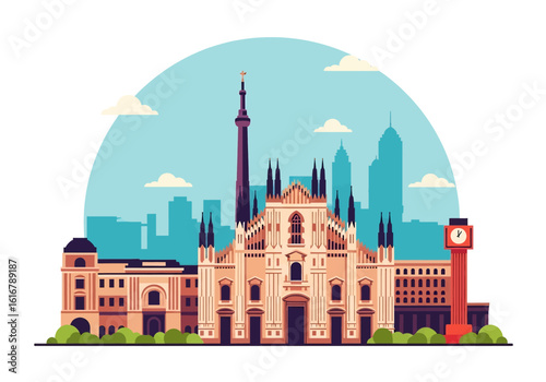flat style picturesque illustration of Milan cityscape showcasing the Duomo and historic buildings against a bright, slightly cloudy sky. Perfect for Italy travel and cultural themes