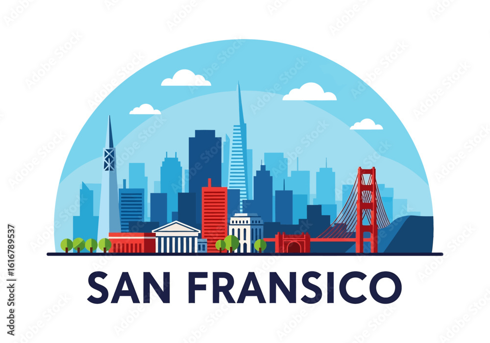 Naklejka premium flat style picturesque illustration of San Francisco cityscape featuring the Golden Gate Bridge and iconic buildings against a bright, cloudy sky. Ideal for California and travel-related designs