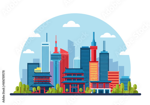flat style picturesque illustration of Seoul cityscape showcasing traditional Korean architecture against a backdrop of modern skyscrapers under a bright sky. Perfect for Korea and travel themes
