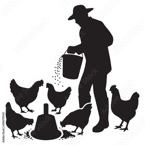 A silhouette of a farmer feeding chickens with grain from a bucket on a farm, isolated on white background