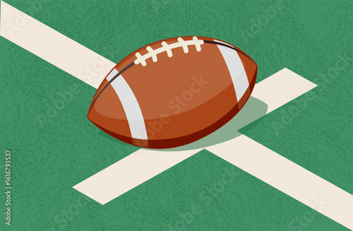 American football resting on a first down line during an American football game. Vector illustration. The ball is ready
