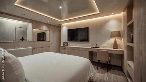 Minimalist Luxury Hotel Room Interior with Desk and Wooden Decor 