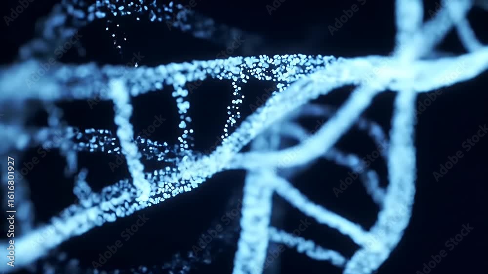 Abstract visualization of a glowing blue DNA helix composed of shimmering particles against a dark background, symbolizing life sciences and genetic research