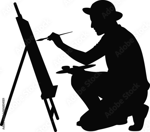 Artist at Easel Painting Silhouette with Hat and Palette