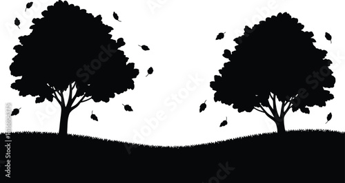 Autumnal Trees with Falling Leaves in Black and White Silhouette(2)