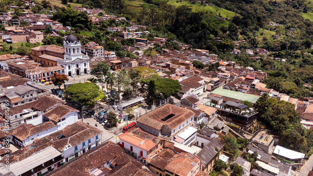 Fototapeta premium Titiribi, Antioquia - Colombia. July 12, 2025. Panoramic view with a drone. Municipality located 58.9 km from Medellin.