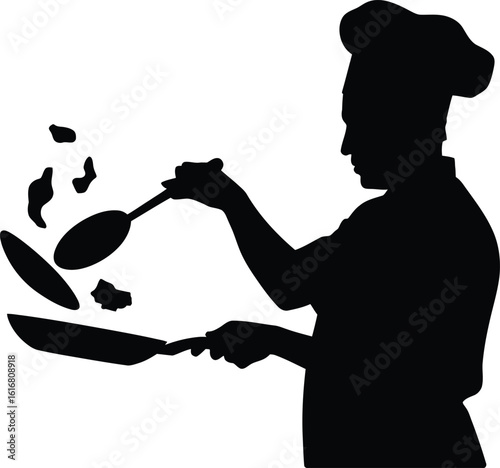 Chef cooking food in a pan silhouette vector illustration silhouette
