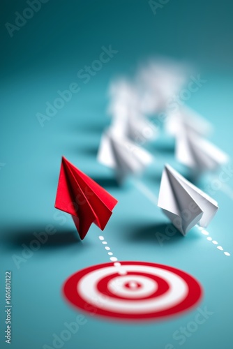 Red paper airplane flying ahead of white ones toward target on blue background, symbolizing leadership, focus, and goal achievement