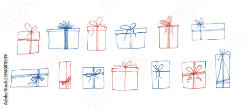 Set of cute doodle hand drawn blue red vector gift boxes for Christmas and birthday decoration. Funny sketch present gifts for print design, stickers, patterns, greeting card decoration
