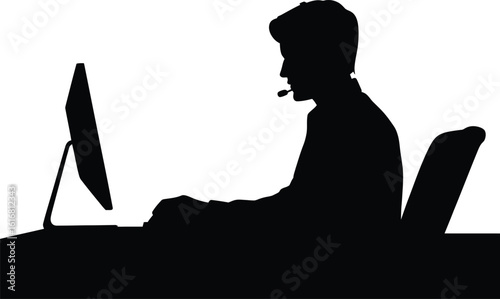 Customer service representative silhouette working at computer with headset on silhouette