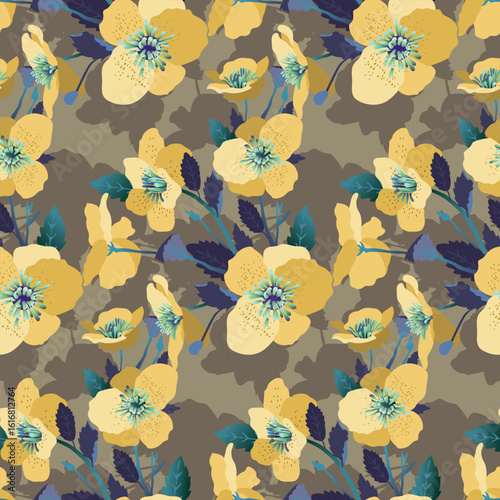 Vector yellow sakura cherry blossoms seamless pattern texture brown background.