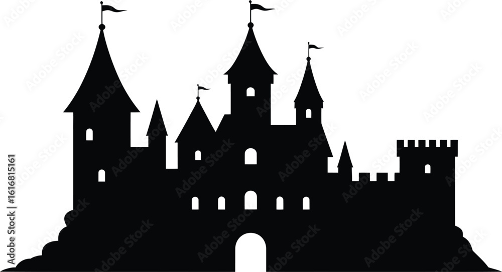Obraz premium Fantasy Castle Silhouette Illustration with Towers Flags and Walls