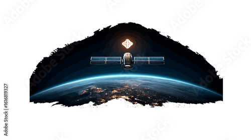 A vector icon satellite orbiting earth with a glowing cross in the background of deep space illustration