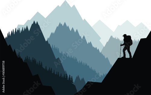 Hiker Silhouette on Mountain Peak with Layered Mountain Background silhouette