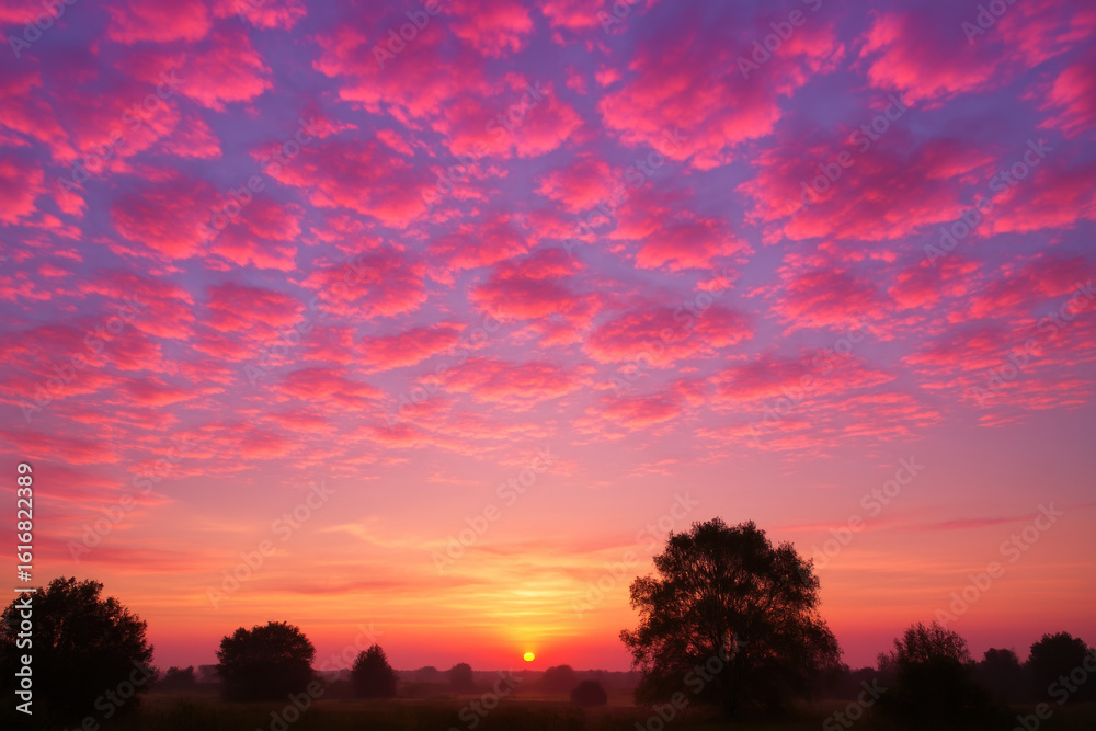 Fototapeta premium Majestic Sunrise: Pink Clouds and Silhouetted Trees - Photography