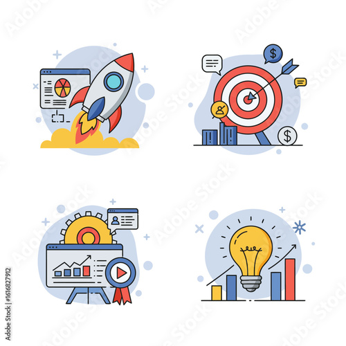 Illustrative Set of Business and Innovation Icons Rocket Launch, Target, and Ideas