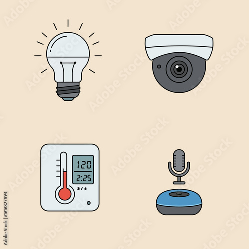 Smart Home Devices Illustration Security Camera, Thermometer, Light Bulb and Voice Assistant for Technology Integration
