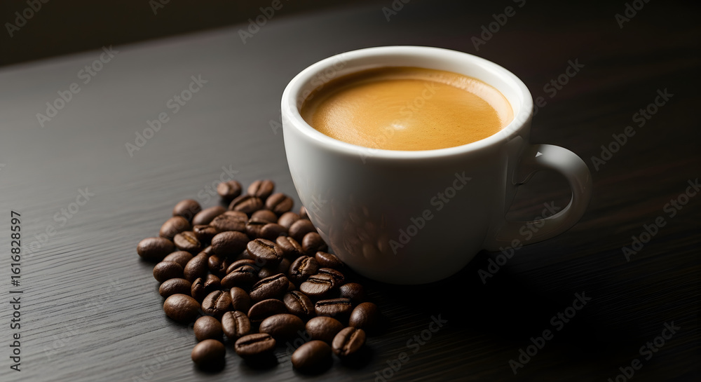 Obraz premium A white cup of fresh espresso with crema sits next to a pile of roasted coffee beans on a dark table.