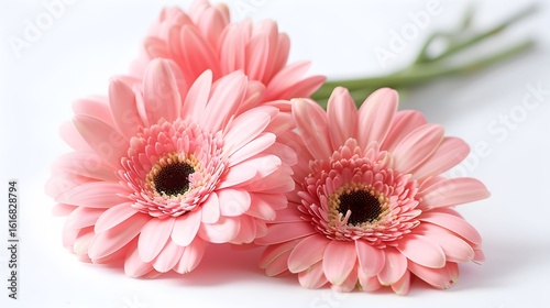 The close-up photo shows three gerbera flowers of pale pink color, located on a white background.  The soft shadow of the flowers is visible on a white background. An image for a magazine ,brushes,bus