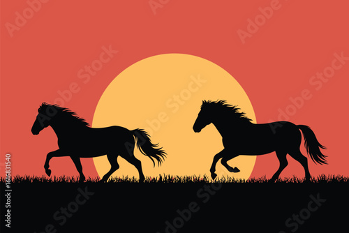Running horses at sunset graphic design illustration in silhouette style silhouette